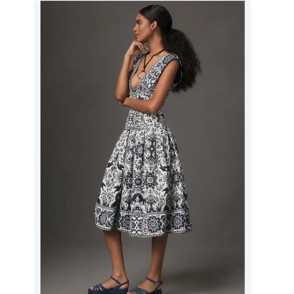 ANTHROPOLOGIE V-NECK DROP-WAIST MIDI DRESS
